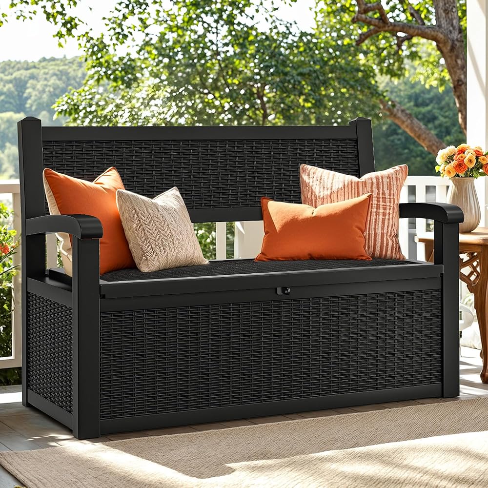 YITAHOME 70 Gallon Deck Bench with Storage, Outdoor Storage Box Bench with Armrests for Patio Garden Pool Porch, Waterproof&amp;Lockable, Black