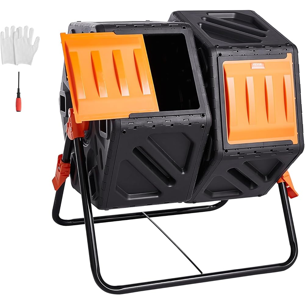 VEVOR Compost Bin, 37-Gal Dual Chamber Composting Tumbler, High Volume Two Rotating Chambers with 2 Sliding Door and Steel Frame, BPA Free Composter Bin Tumbler for Garden, Kitchen, Yard, Outdoor