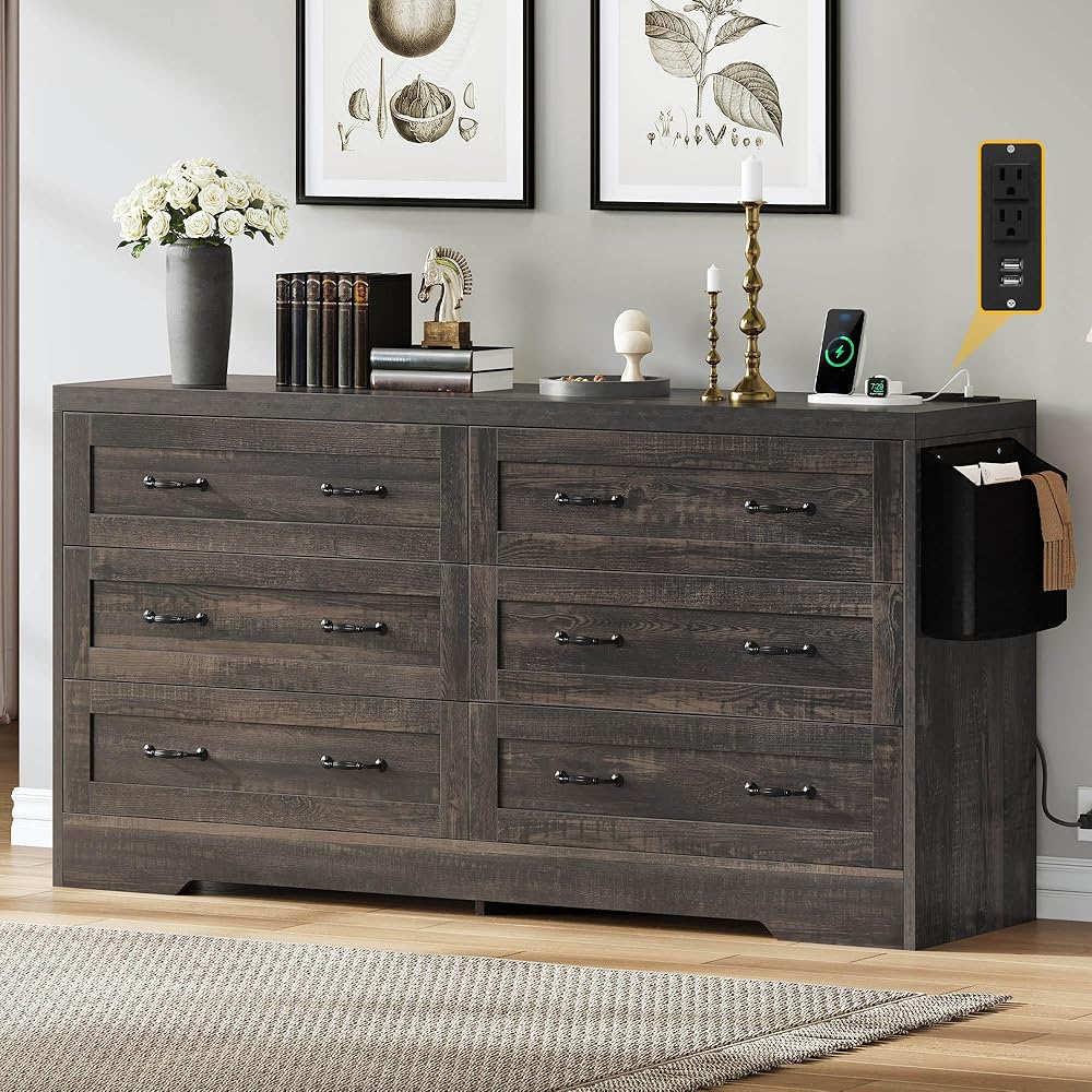 DWVO Farmhouse 6 Drawer Dresser for Bedroom, 59" Wide Large Modern Dresser TV Stand with Drawers &amp; Bar Handles, Storage Dressers with Power Outlets, Rustic Wood Chest of Drawers, Rustic Oak