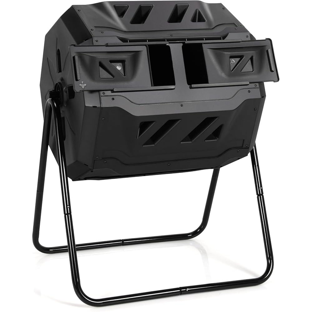 Goplus Compost Bin, 43 Gallon Rotating Composter, Outdoor Dual Chamber Tumbling Compost Barrel with Sliding Door, Gloves, Compost Tumbler for Outdoor, Garden, Yard (Black)