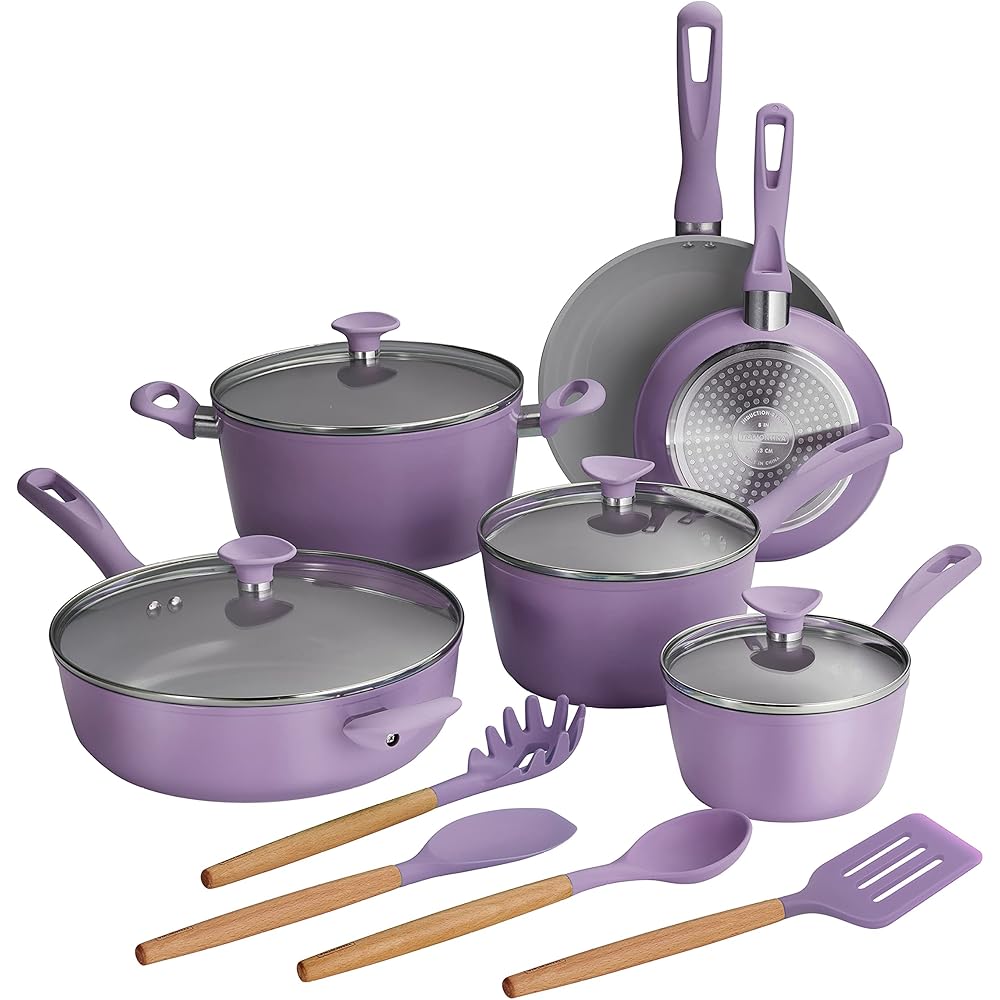 Tramontina Solara 14-Piece Ceramic Non Stick Cookware Set with Lids, Heavy-Gauge Aluminum Pots and Pans Kitchen Set with Nonstick Coating, Dishwasher and Oven Safe (Purple)