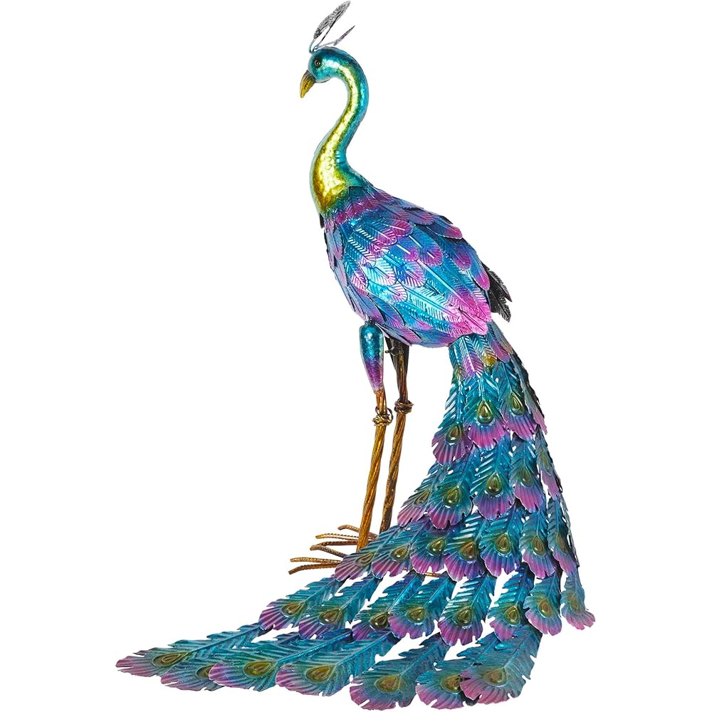 Outdoor Metallic Standing Peacock Yard Statue (28-Inch)