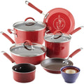 Rachael Ray Cucina Nonstick Cookware Pots and Pans with Glass Lids and Nesting Measuring Cups, 14 Piece Cranberry Red