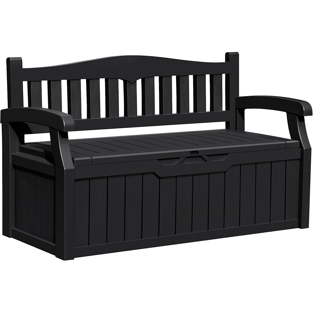 Greesum 80 Gallon Outdoor Storage Bench, Resin Patio Furniture with Armrest,Waterproof and UV-Resistant, Perfect to Garden, Poolside and Lawn, Dark Black