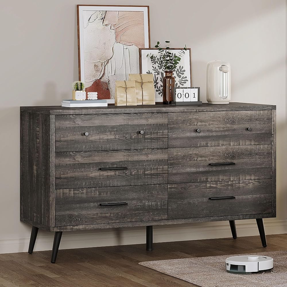DWVO 6-Drawer Dresser, Wood Storage Cabinet with Black Metal Handles &amp; Anti-Tip Design, Modern Chest of Drawers for Living Room, Bedroom, or Hallway-Dark Rustic Oak