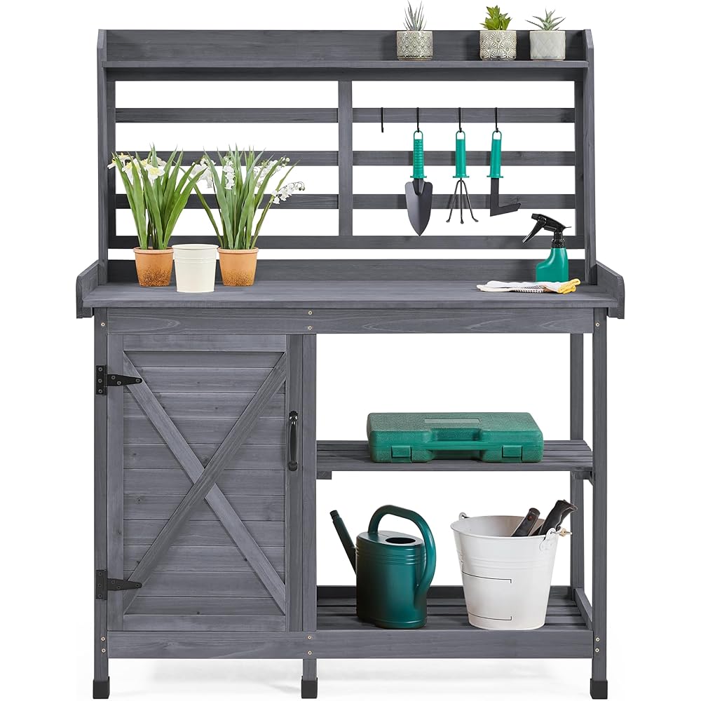Yaheetech Large Outdoor Wooden Potting Bench with Storage Cabinet (Gray)