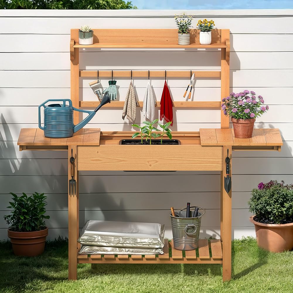 YITAHOME Solid Wood Potting Bench Table with Sink and Sliding Tabletop