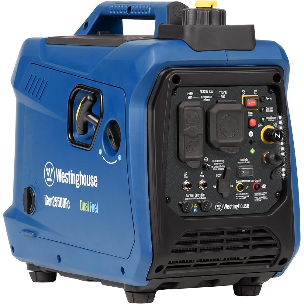 Westinghouse 2550 Peak Watt Super Quiet &amp; Lightweight Portable Inverter Generator, RV Ready 30A Outlet, Gas and Propane Powered, CO Sensor, Parallel Capable, Long Run Time