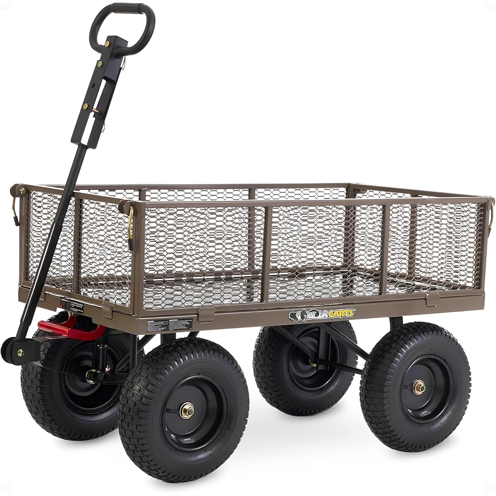 Gorilla Carts Steel Utility Wagon w/Removable Side Panels, 1200 lb Capacity, Gray Outdoor Flatbed Cart with 39.45" x 22" Metal Mesh Bed and All-Terrain Wheels for Garden, Lawn &amp; Landscaping