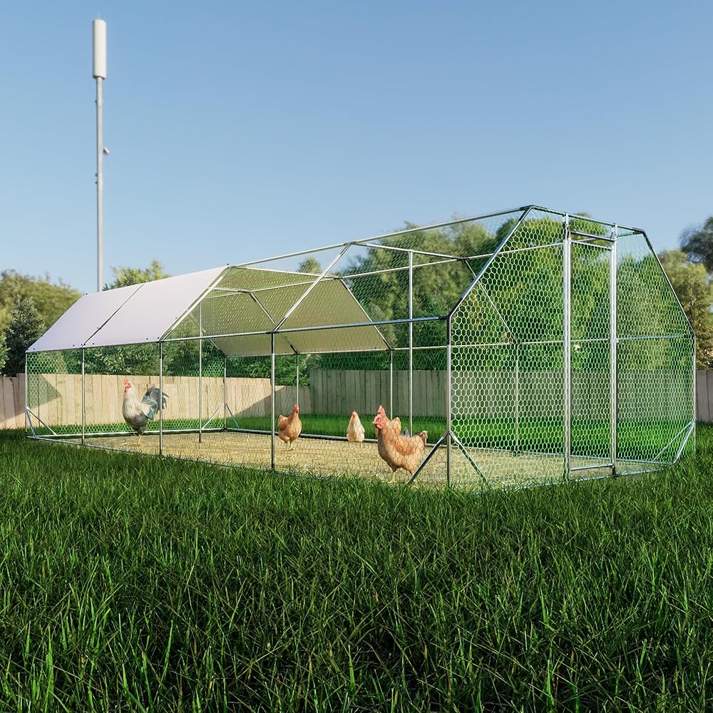 Large Walk-In Metal Chicken Coop with Waterproof Run Cover (25.7x10-Foot)