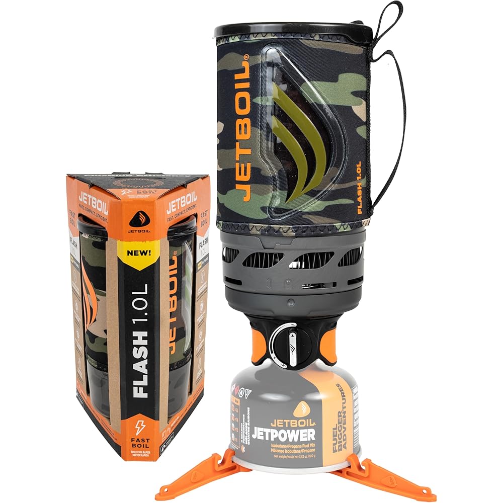 Jetboil Flash 1.0L Portable Fast Boil Stove for Camping and Backpacking with 1-Step Auto Ignition, New for 2025, Propane/Isobutane Burner with Cooking Cup, Dark Camo