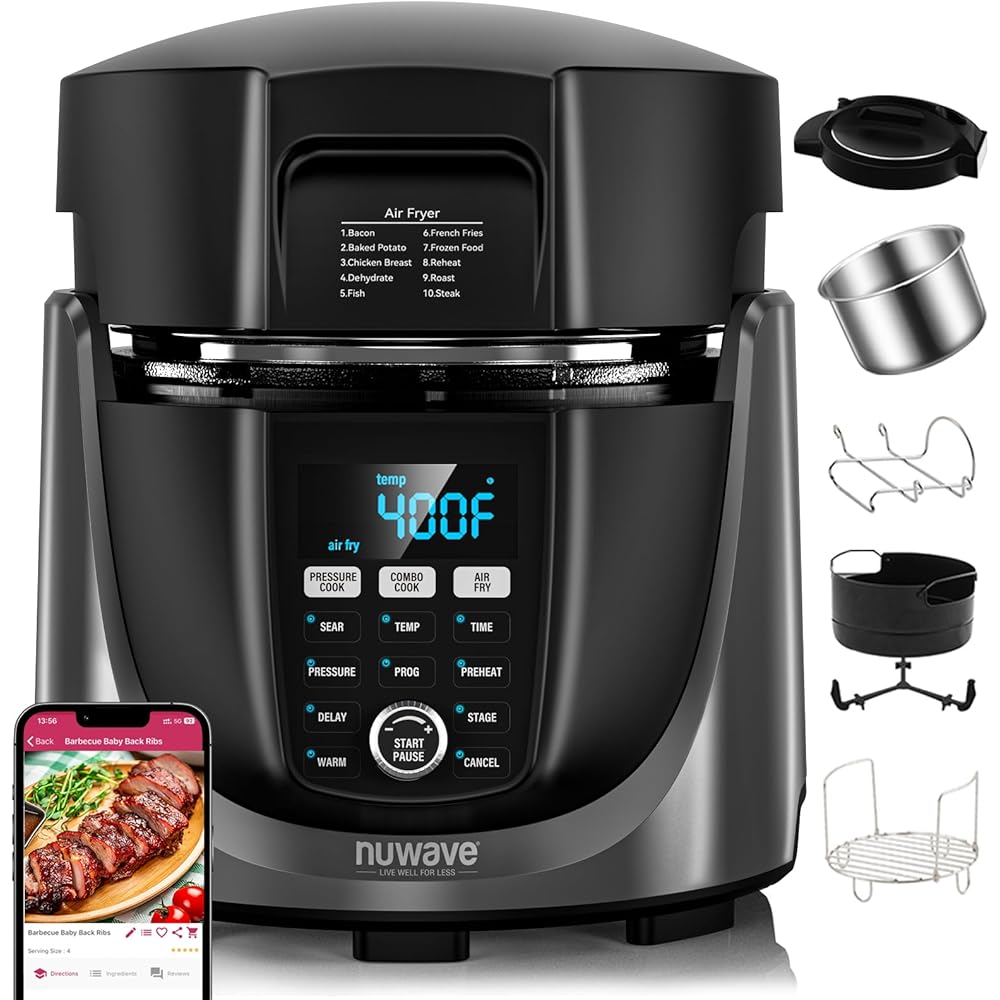 Nuwave Duet Air Fryer and Electric Pressure Cooker Combo with 2 Switchable Lids, 300 FoolProof One-Touch Presets, Crisp&amp;Tender Tech, 6QT Heavy-duty Stainless Steel Pot, 15+ Safety Features