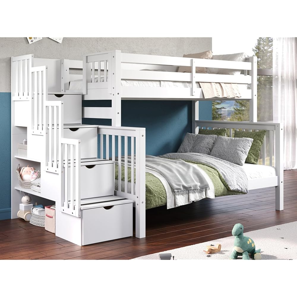 Bedz King Stairway Twin-over-Full Wooden Bunk Bed with Drawers