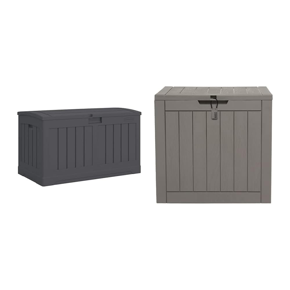 Suncast 50 Gallon Medium Capacity All Weather Construction Resin Outdoor Storage Deck Box with Arched Lid for Patio, Garden, or Pool, Peppercorn | EAST OAK Deck Box, 31 Gallon Indoor and Outdoor Storage Box