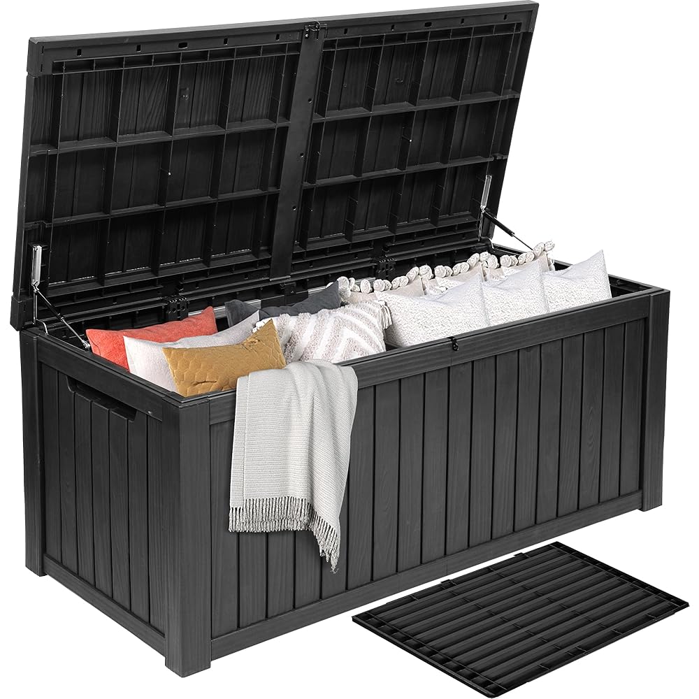 DWVO 150 Gallon XL Deck Box with Divider &amp; Lockable Lid, Waterproof Resin Outdoor Storage for Patio, Garden, Poolside, Cushions, Supplies &amp; Sports Gear, Black