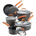 Rachael Ray Brights Hard-Anodized Aluminum Nonstick Cookware Set with Glass Lids, 10-Piece Pot and Pan Set, Gray with Orange HandlesRachel Ray Cookware