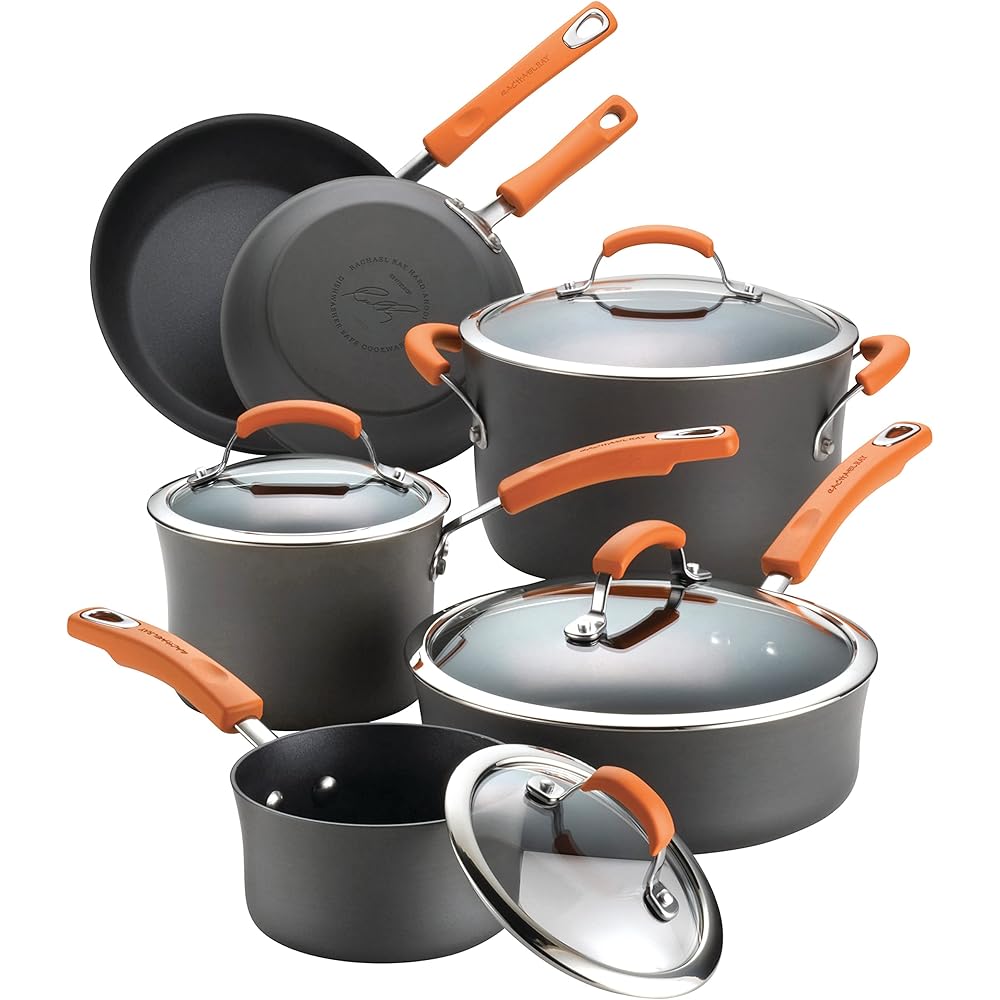 Rachael Ray Brights Hard-Anodized Aluminum Nonstick Cookware Set with Glass Lids, 10-Piece Pot and Pan Set, Gray with Orange HandlesRachel Ray Cookware