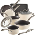 Rachael Ray Cook + Create Nonstick Cookware Pots and Pans Set, Includes Baking Sheet Pan and Cooking Utensil, 10 Piece Almond