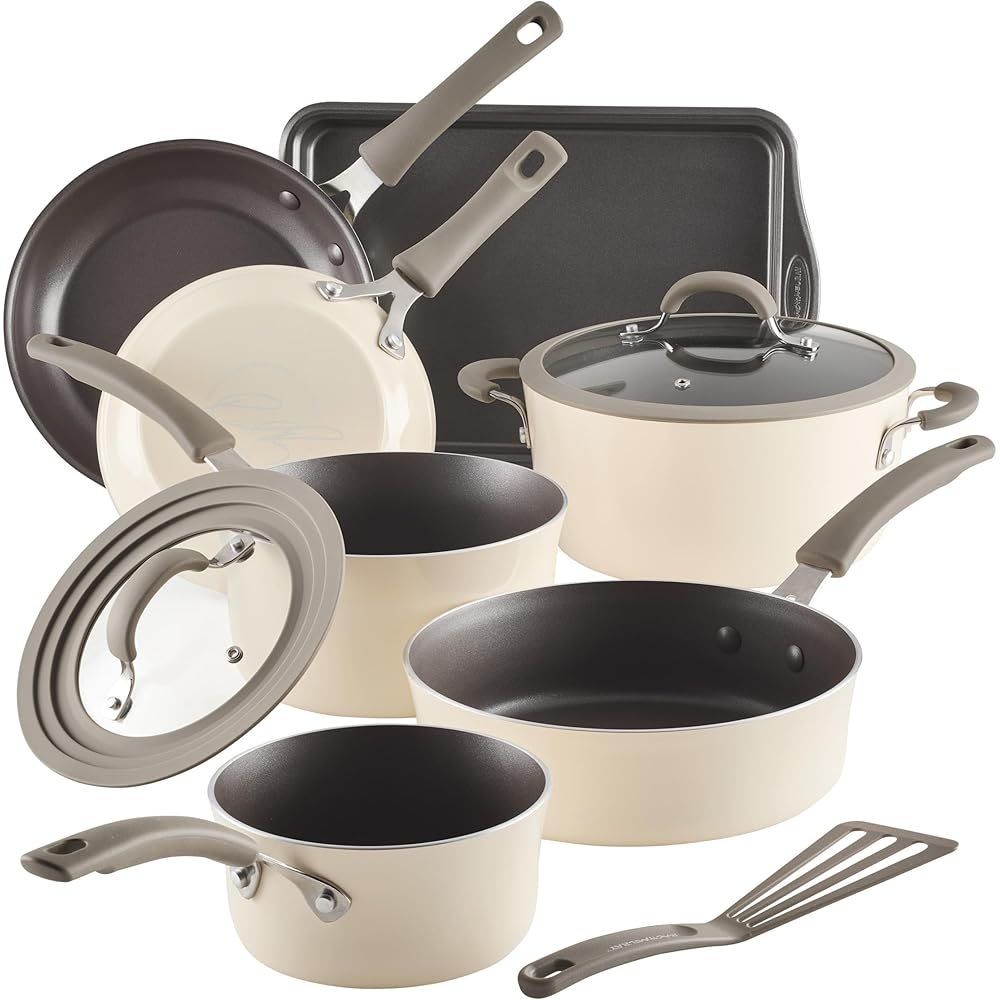 Rachael Ray Cook + Create Nonstick Cookware Pots and Pans Set, Includes Baking Sheet Pan and Cooking Utensil, 10 Piece Almond