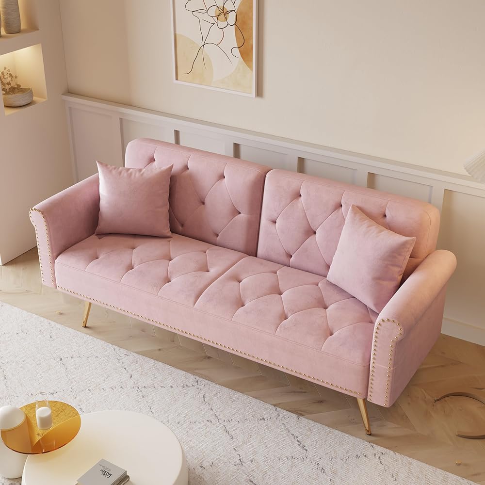 KEIKI 70-Inch Folding Velvet Futon Loveseat Sofa Bed (Pink)