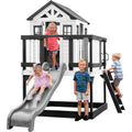 Backyard Discovery Sweetwater Heights White Elevated Cedar Wooden Kids Playhouse with Wave Slide, Play Kitchen, Step Ladder, Half Door, Wrap-Around Deck, Windows, Bell, Growth Chart for Outdoor Play
