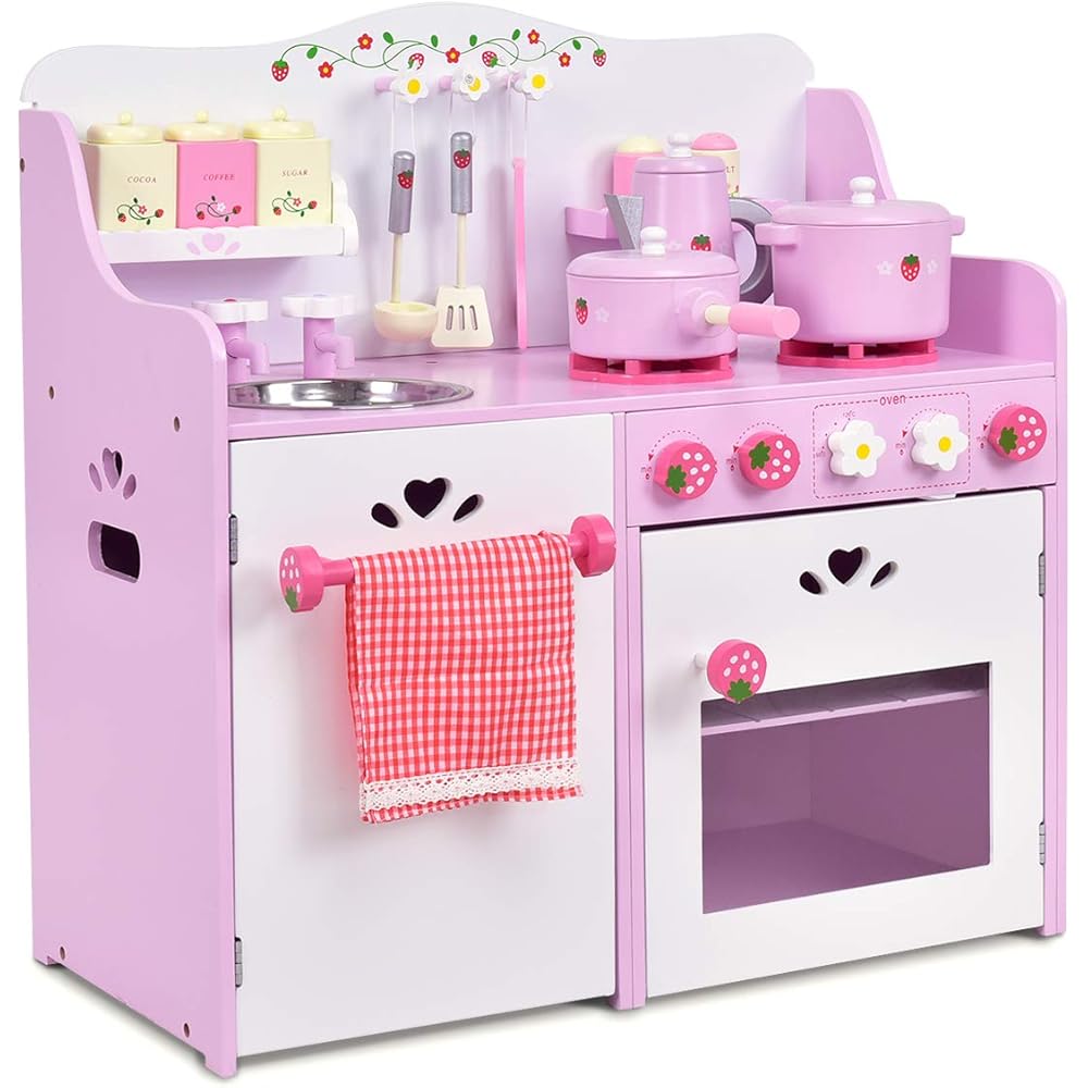 Costzon Wooden Pink Strawberry Pretend Play Kids Kitchen Playset