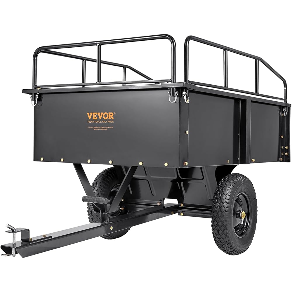 VEVOR Heavy Duty ATV Dump Cart Steel Tow Behind trailer, 750 lbs, 15 Cubic Feet Garden Utility with Removable Sides