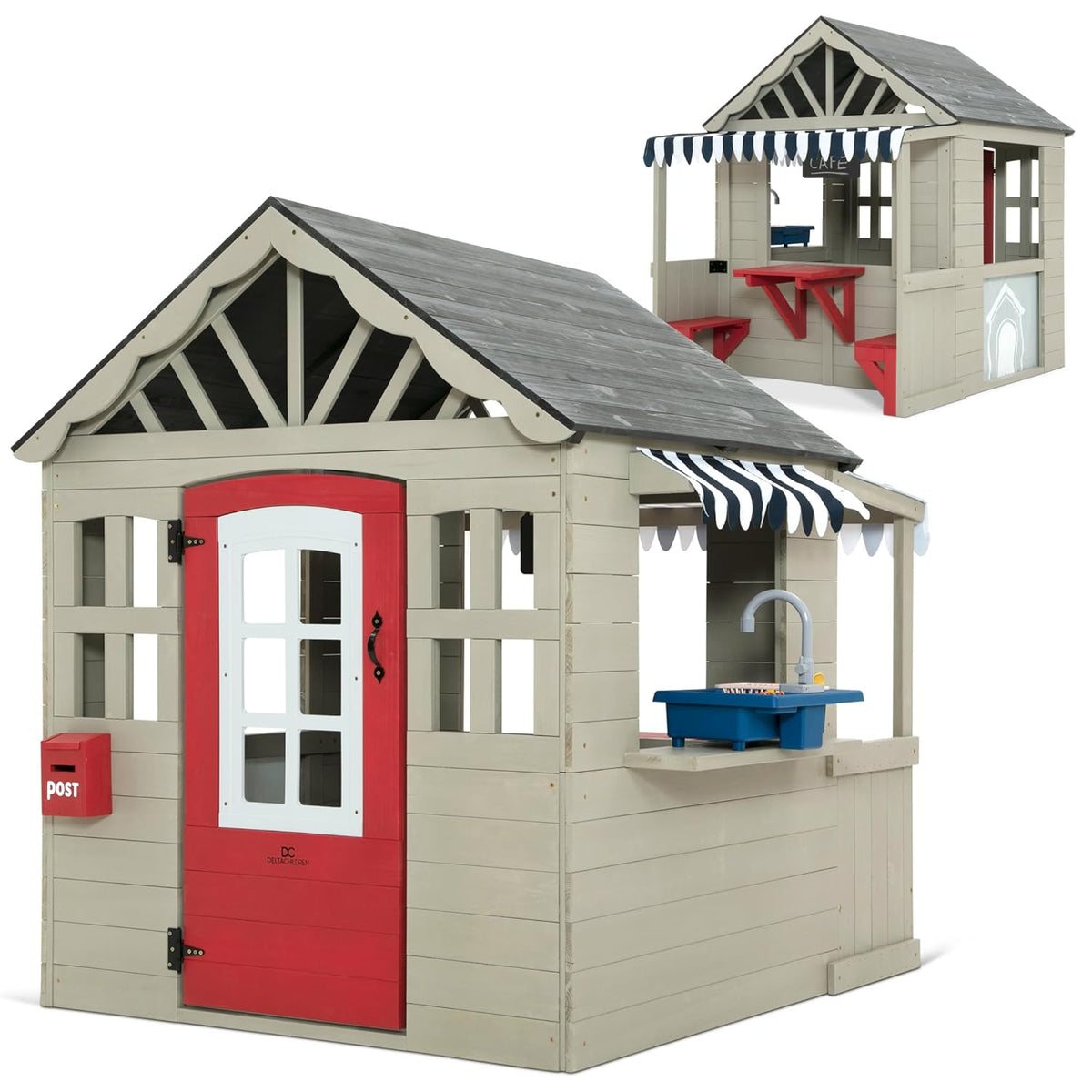Delta Children MySize Deluxe Outdoor Playhouse with Play Sink with Running Water, Picnic Table &amp; Mailbox – Premium Wooden Cedar Playhouse for Kids, Grey