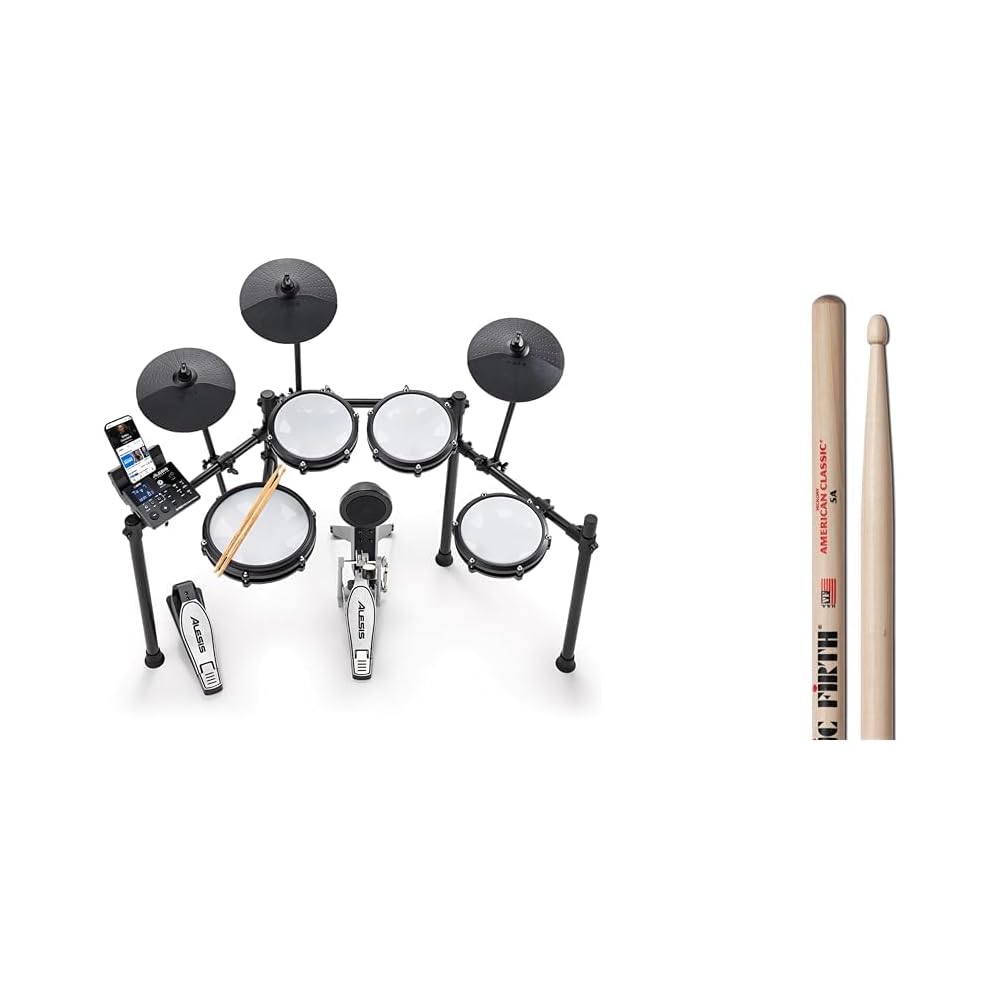 Alesis Nitro Max Kit Electric Drum Set with Quiet Mesh Pads, 10" Dual Zone Snare, Bluetooth, 440+ Sounds, Drumeo, USB MIDI, Kick Pedal + Vic Firth American Classic 5A Drum Sticks