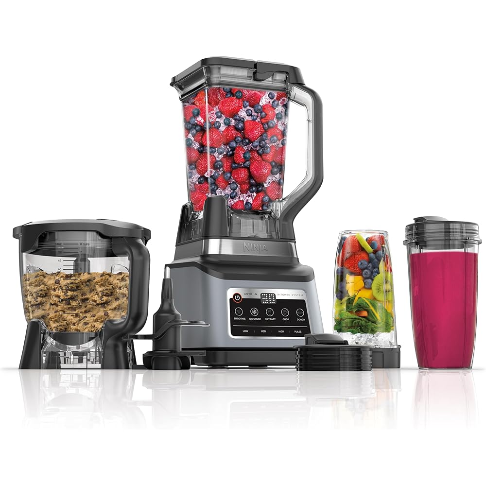 Ninja BN801 Professional Plus Kitchen System, 1400 WP, 5 Functions for Smoothies, Chopping, Dough &amp; More with Auto IQ, 72-oz.* Blender Pitcher, 64-oz. Processor Bowl, (2) 24-oz. To-Go Cups, Grey